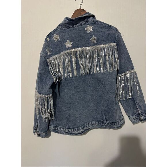 NWOT Unbranded Women's Large Blue Denim Western Cowgirl Fringe Jacket - Picture 4 of 4